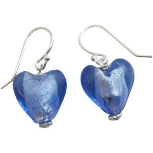 12mm Glass Heart Sterling Silver Drop Earrings – Handmade Jewellery Gift Ideas for Women and Girls(Blue)