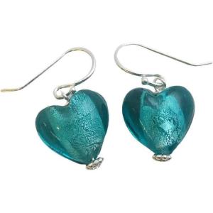 12mm Glass Heart Sterling Silver Drop Earrings – Handmade Jewellery Gift Ideas for Women and Girls(Blue Green)