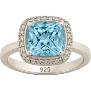 Blue Topaz Cushion Cut and Natural Zircon Sterling Silver Ring – Handmade Gemstone Jewelry Gift Ideas for Women