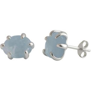 Raw 6-8mm Sterling Silver Stud Earrings for Women – Hypoallergenic Handmade natural Solitaire Gemstone Gem Birthstone Jewelry – Birthday Christmas Gift Idea(Aquamarine)