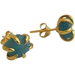 Raw Apatite 6-8mm Gold Plated Sterling Silver Stud Earrings for Women – Hypoallergenic Handmade Blue natural Gemstone Gem Birthstone Jewelry – Birthday Christmas Gift Idea (Apatite gold)