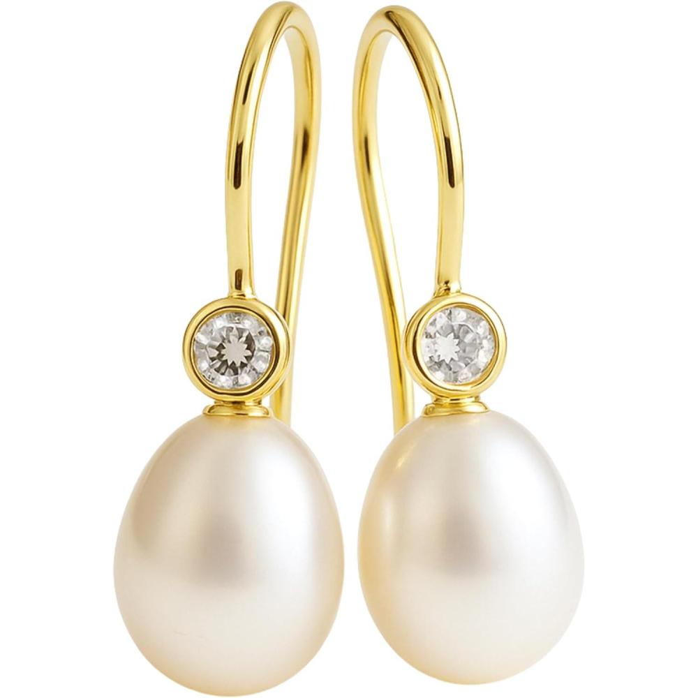 image:image89mm Cultured Freshwater Pearl and Cubic Zirconia Sterling Silver Drop Dangle Earrings  Handmade Jewelry Gift Ideas for Women  Wedding and Bridal Jewelleryyellow gold plated sterling silver