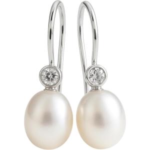 8-9mm Cultured Freshwater Pearl and Cubic Zirconia Sterling Silver Drop Dangle Earrings – Handmade Jewelry Gift Ideas for Women – Wedding and Bridal Jewellery(Sterling Silver)