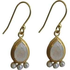 Green Amethyst and Cultured Freshwater Pearl Gold Plated Sterling Silver Drop Earrings – Handmade Gemstone Jewelry Gift Ideas for Her Women – Wedding Bridal Jewelry(Moonstone)