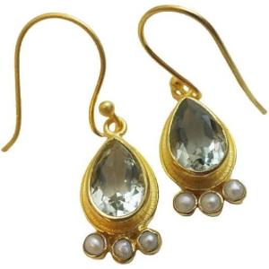 Green Amethyst and Cultured Freshwater Pearl Gold Plated Sterling Silver Drop Earrings – Handmade Gemstone Jewelry Gift Ideas for Her Women – Wedding Bridal Jewelry(Prasiolite)