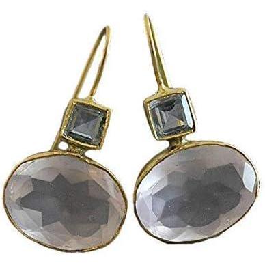 image:imageBlue Topaz and Rose Quartz Gold Plated Sterling Silver Statement Drop Earrings  Handmade Jewelry Gift Ideas for Women  Natural Gem Gemstone  Birthday Valentines Mothers Day Wedding Bridal Jewelry