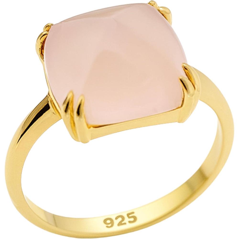 image:imageNatural Pink Chalcedony Sugar Loaf Cut Gemstone Gold Plated Sterling Silver Ring  Handmade Pink Gem Rings for Women