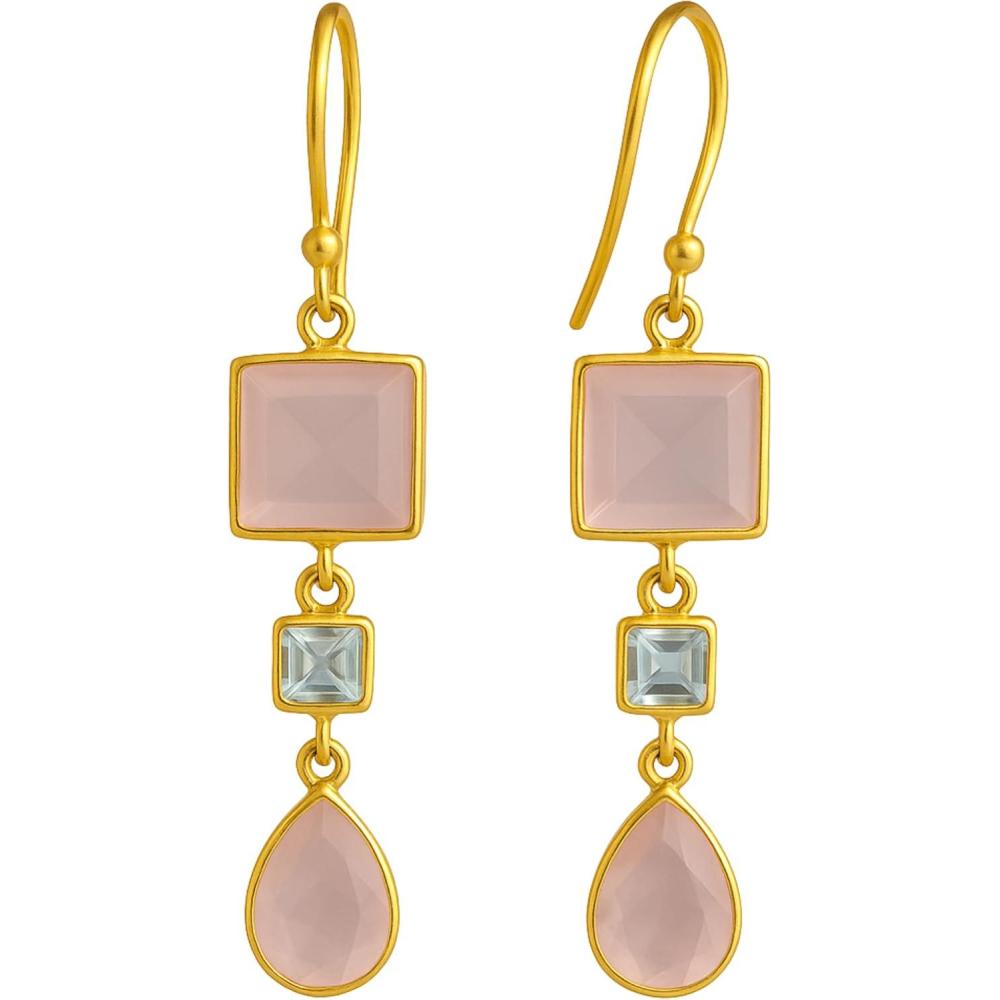 image:imageRose Quartz and Blue Topaz Gold Plated Sterling Silver Drop Earrings  Handmade Gemstone Jewelry Gift Ideas for Women  Bridal Wedding Birthday Valentines Mothers Day Gift Hypoallergenic