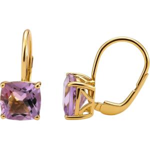 Amethyst Cushion Sterling Silver Leverback Drop Earrings – Handmade Gemstone Jewelry Gift Ideas for Women – February Birthstone(yellow gold plated sterling silver)