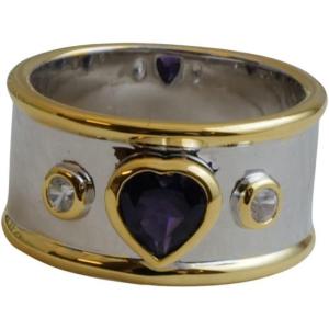Amethyst and Zircon Heart Shape Sterling Silver Ring – Handmade Gemstone Jewelry Gifts for Women – February Birthstone