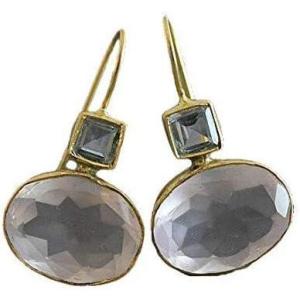 Blue Topaz and Rose Quartz Gold Plated Sterling Silver Statement Drop Earrings – Handmade Jewelry Gift Ideas for Women – Natural Gem Gemstone – Birthday Valentine’s Mother’s Day Wedding Bridal Jewelry