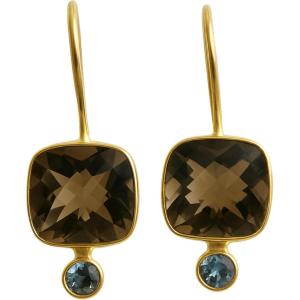Green Amethyst and London Blue Topaz Gold Plated Sterling Silver Drop Earrings – Handmade Gemstone Jewellery Gift Ideas for Women Her(Smoky Quartz and London Blue Topaz)
