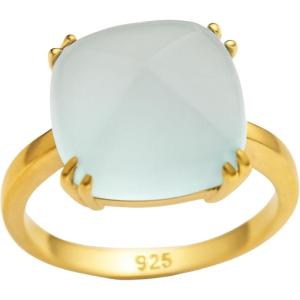 Natural Aqua Chalcedony Sugar Loaf Cut Gemstone Gold Plated Sterling Silver Ring – Handmade Green Gem Rings for Women