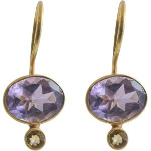 Natural Gemstone Gold Plated Sterling Silver Drop Earrings – Handmade Jewellery Gift Ideas for Women(Amethyst and Citrine)