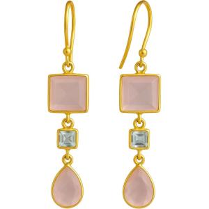 Rose Quartz and Blue Topaz Gold Plated Sterling Silver Drop Earrings – Handmade Gemstone Jewelry Gift Ideas for Women – Bridal Wedding Birthday Valentine’s Mother’s Day Gift Hypoallergenic