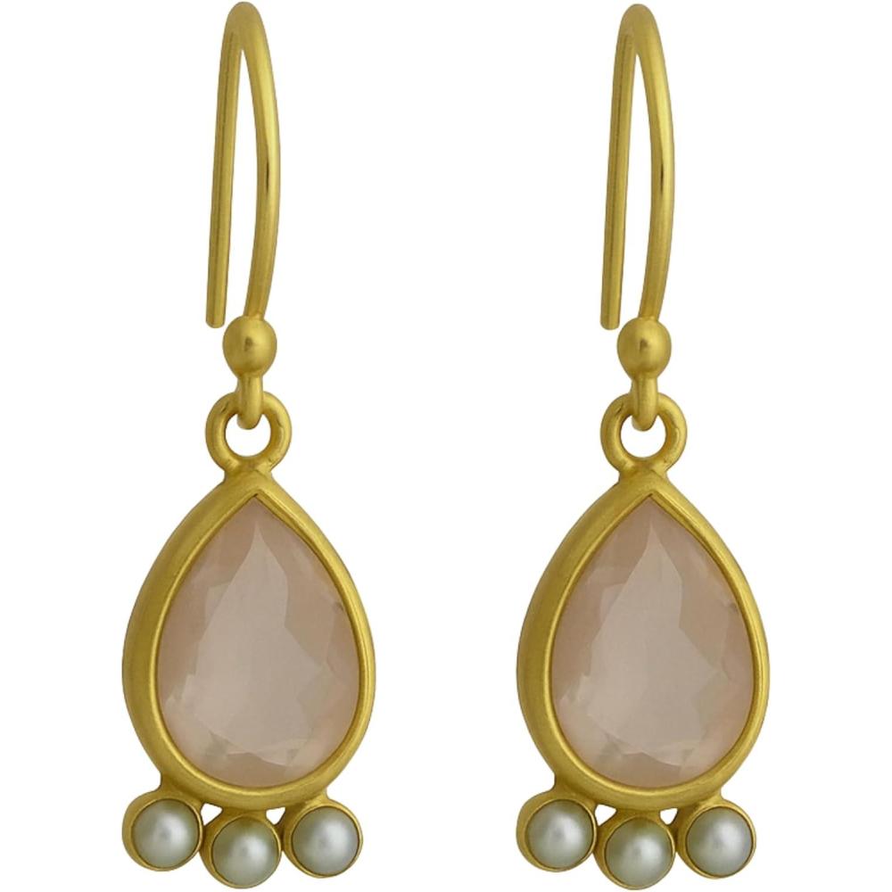 image:imageGreen Amethyst and Cultured Freshwater Pearl Gold Plated Sterling Silver Drop Earrings  Handmade Gemstone Jewelry Gift Ideas for Her Women  Wedding Bridal Jewelryrose quartz
