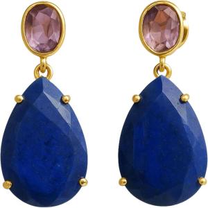 Amethyst Lapis Lazuli Drop Dangle Earrings – 925 Sterling Silver 3 Micron Gold Plated Natural Gemstone Handmade Jewelry Women